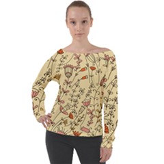 Seamless Pattern With Different Flowers Off Shoulder Long Sleeve Velour Top