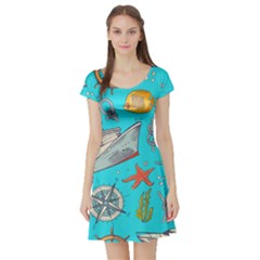 Colored Sketched Sea Elements Pattern Background Sea Life Animals Illustration Short Sleeve Skater Dress by BangZart