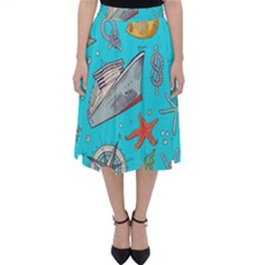 Colored Sketched Sea Elements Pattern Background Sea Life Animals Illustration Classic Midi Skirt by BangZart