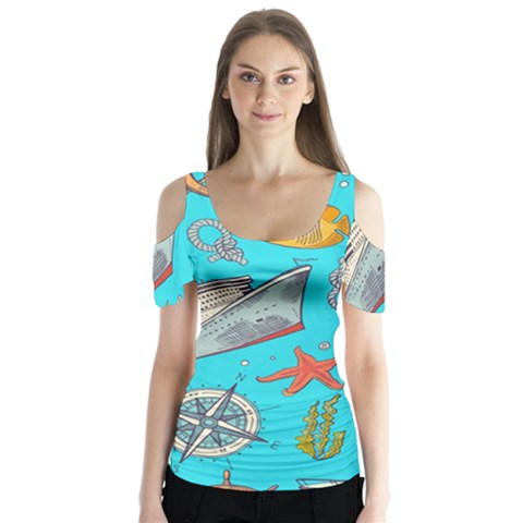 Colored Sketched Sea Elements Pattern Background Sea Life Animals Illustration Butterfly Sleeve Cutout Tee  by BangZart