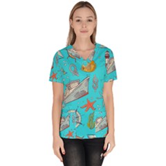 Colored Sketched Sea Elements Pattern Background Sea Life Animals Illustration Women s V-neck Scrub Top by BangZart