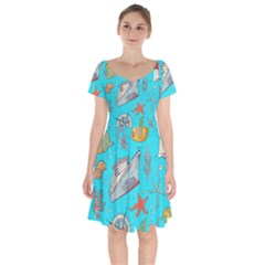 Colored Sketched Sea Elements Pattern Background Sea Life Animals Illustration Short Sleeve Bardot Dress by BangZart