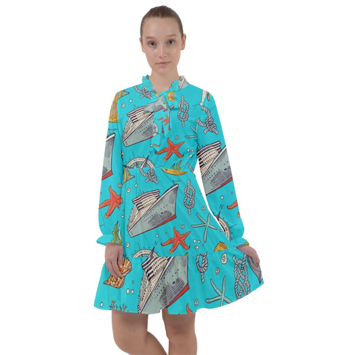 Colored sketched sea elements pattern background sea life animals illustration All Frills Chiffon Dress