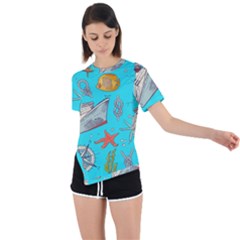 Colored Sketched Sea Elements Pattern Background Sea Life Animals Illustration Asymmetrical Short Sleeve Sports Tee