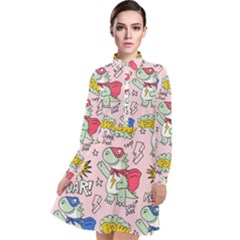 Seamless Pattern With Many Funny Cute Superhero Dinosaurs T Rex Mask Cloak With Comics Style Long Sleeve Chiffon Shirt Dress by BangZart