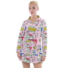 Seamless Pattern With Many Funny Cute Superhero Dinosaurs T Rex Mask Cloak With Comics Style Women s Long Sleeve Casual Dress by BangZart