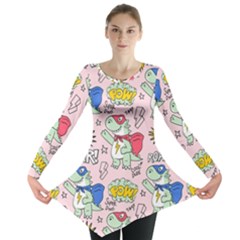 Seamless Pattern With Many Funny Cute Superhero Dinosaurs T Rex Mask Cloak With Comics Style Long Sleeve Tunic  by BangZart