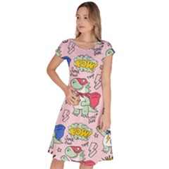 Seamless Pattern With Many Funny Cute Superhero Dinosaurs T Rex Mask Cloak With Comics Style Classic Short Sleeve Dress