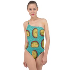 Taco Drawing Background Mexican Fast Food Pattern Classic One Shoulder Swimsuit by BangZart