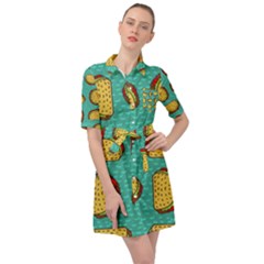 Taco Drawing Background Mexican Fast Food Pattern Belted Shirt Dress by BangZart