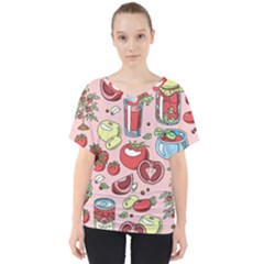 Tomato Seamless Pattern Juicy Tomatoes Food Sauce Ketchup Soup Paste With Fresh Red Vegetables V-neck Dolman Drape Top by BangZart