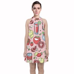 Tomato Seamless Pattern Juicy Tomatoes Food Sauce Ketchup Soup Paste With Fresh Red Vegetables Velvet Halter Neckline Dress  by BangZart