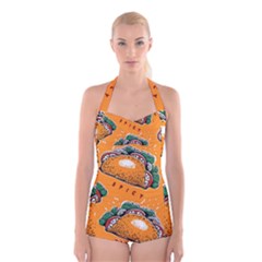 Seamless Pattern With Taco Boyleg Halter Swimsuit  by BangZart