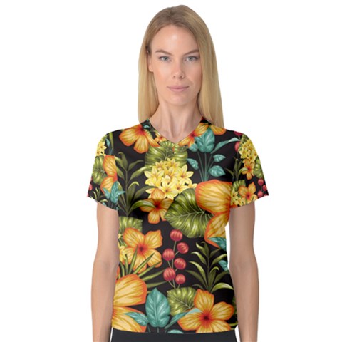 Fabulous Colorful Floral Seamless V-neck Sport Mesh Tee by BangZart