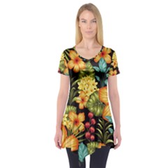 Fabulous Colorful Floral Seamless Short Sleeve Tunic  by BangZart