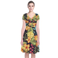 Fabulous Colorful Floral Seamless Short Sleeve Front Wrap Dress by BangZart