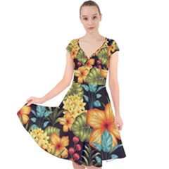 Fabulous Colorful Floral Seamless Cap Sleeve Front Wrap Midi Dress by BangZart