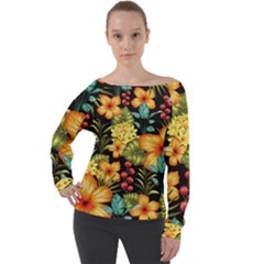 Fabulous Colorful Floral Seamless Off Shoulder Long Sleeve Velour Top by BangZart