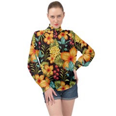 Fabulous Colorful Floral Seamless High Neck Long Sleeve Chiffon Top by BangZart