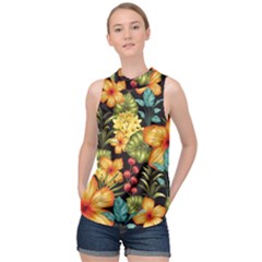 Fabulous Colorful Floral Seamless High Neck Satin Top by BangZart