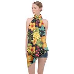 Fabulous Colorful Floral Seamless Halter Asymmetric Satin Top by BangZart