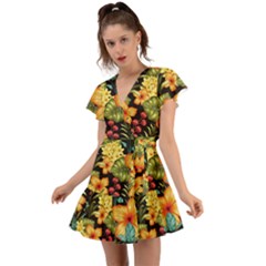 Fabulous Colorful Floral Seamless Flutter Sleeve Wrap Dress by BangZart