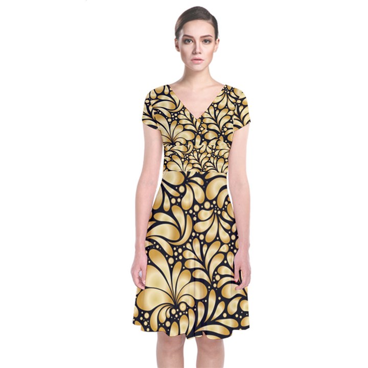 Damask teardrop gold ornament seamless pattern Short Sleeve Front Wrap Dress