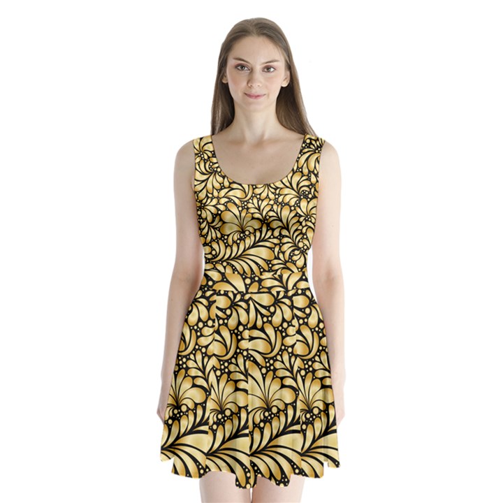 Damask teardrop gold ornament seamless pattern Split Back Mini Dress 