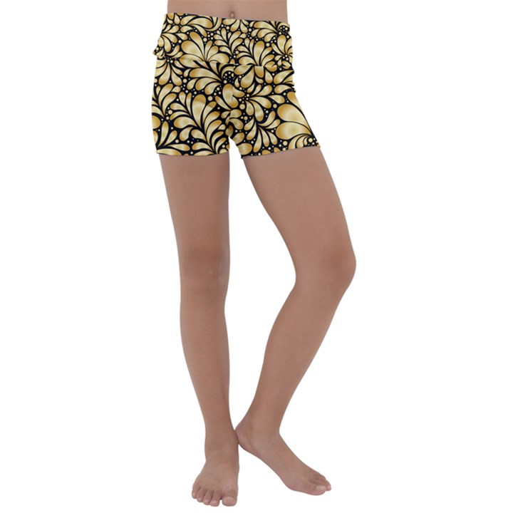 Damask teardrop gold ornament seamless pattern Kids  Lightweight Velour Yoga Shorts