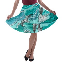 Sea Waves Seamless Pattern A-line Skater Skirt by BangZart