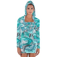 Sea Waves Seamless Pattern Long Sleeve Hooded T-shirt by BangZart