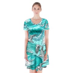 Sea Waves Seamless Pattern Short Sleeve V-neck Flare Dress by BangZart