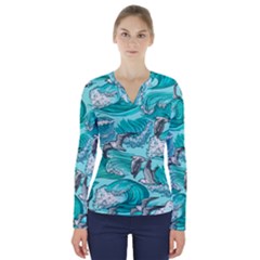 Sea Waves Seamless Pattern V-neck Long Sleeve Top by BangZart