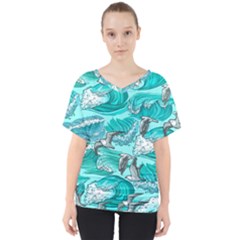 Sea Waves Seamless Pattern V-neck Dolman Drape Top by BangZart