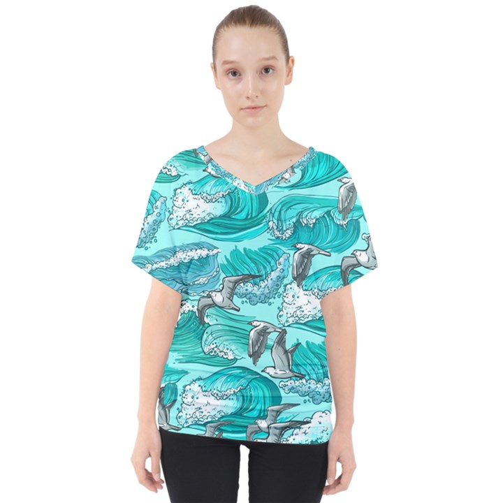 Sea waves seamless pattern V-Neck Dolman Drape Top