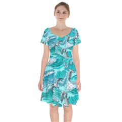 Sea Waves Seamless Pattern Short Sleeve Bardot Dress by BangZart