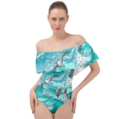 Sea Waves Seamless Pattern Off Shoulder Velour Bodysuit  by BangZart