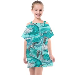 Sea Waves Seamless Pattern Kids  One Piece Chiffon Dress by BangZart