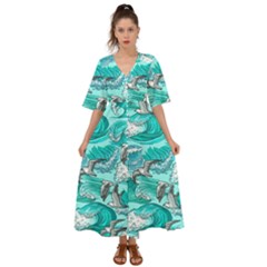 Sea Waves Seamless Pattern Kimono Sleeve Boho Dress by BangZart