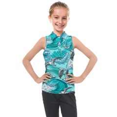 Sea Waves Seamless Pattern Kids  Sleeveless Polo Tee