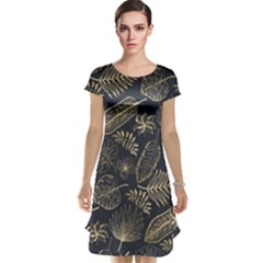 Elegant Pattern With Golden Tropical Leaves Cap Sleeve Nightdress by BangZart