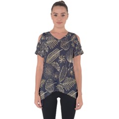 Elegant Pattern With Golden Tropical Leaves Cut Out Side Drop Tee by BangZart