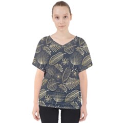 Elegant Pattern With Golden Tropical Leaves V-neck Dolman Drape Top by BangZart