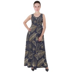 Elegant Pattern With Golden Tropical Leaves Empire Waist Velour Maxi Dress