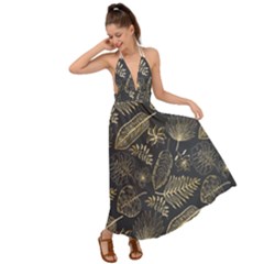 Elegant Pattern With Golden Tropical Leaves Backless Maxi Beach Dress by BangZart