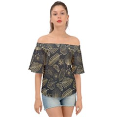 Elegant Pattern With Golden Tropical Leaves Off Shoulder Short Sleeve Top by BangZart