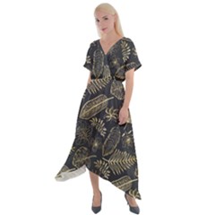 Elegant Pattern With Golden Tropical Leaves Cross Front Sharkbite Hem Maxi Dress by BangZart