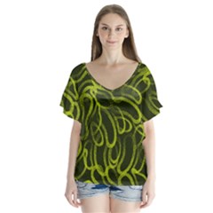 Green Abstract Stippled Repetitive Fashion Seamless Pattern V-neck Flutter Sleeve Top by BangZart