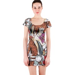 Natural Seamless Pattern With Tiger Blooming Orchid Short Sleeve Bodycon Dress by BangZart