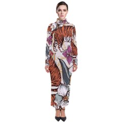 Natural Seamless Pattern With Tiger Blooming Orchid Turtleneck Maxi Dress by BangZart